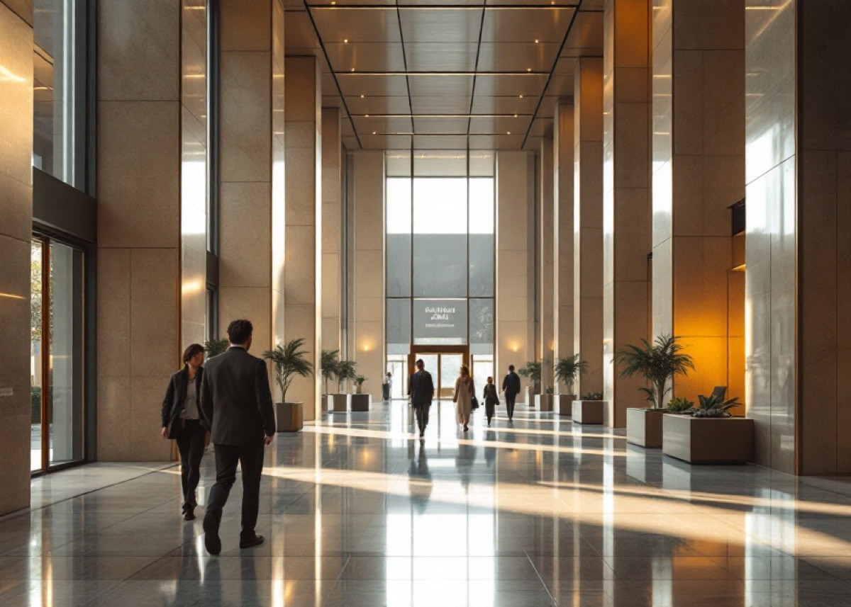 A modern bank headquarters lobby in warm morning light