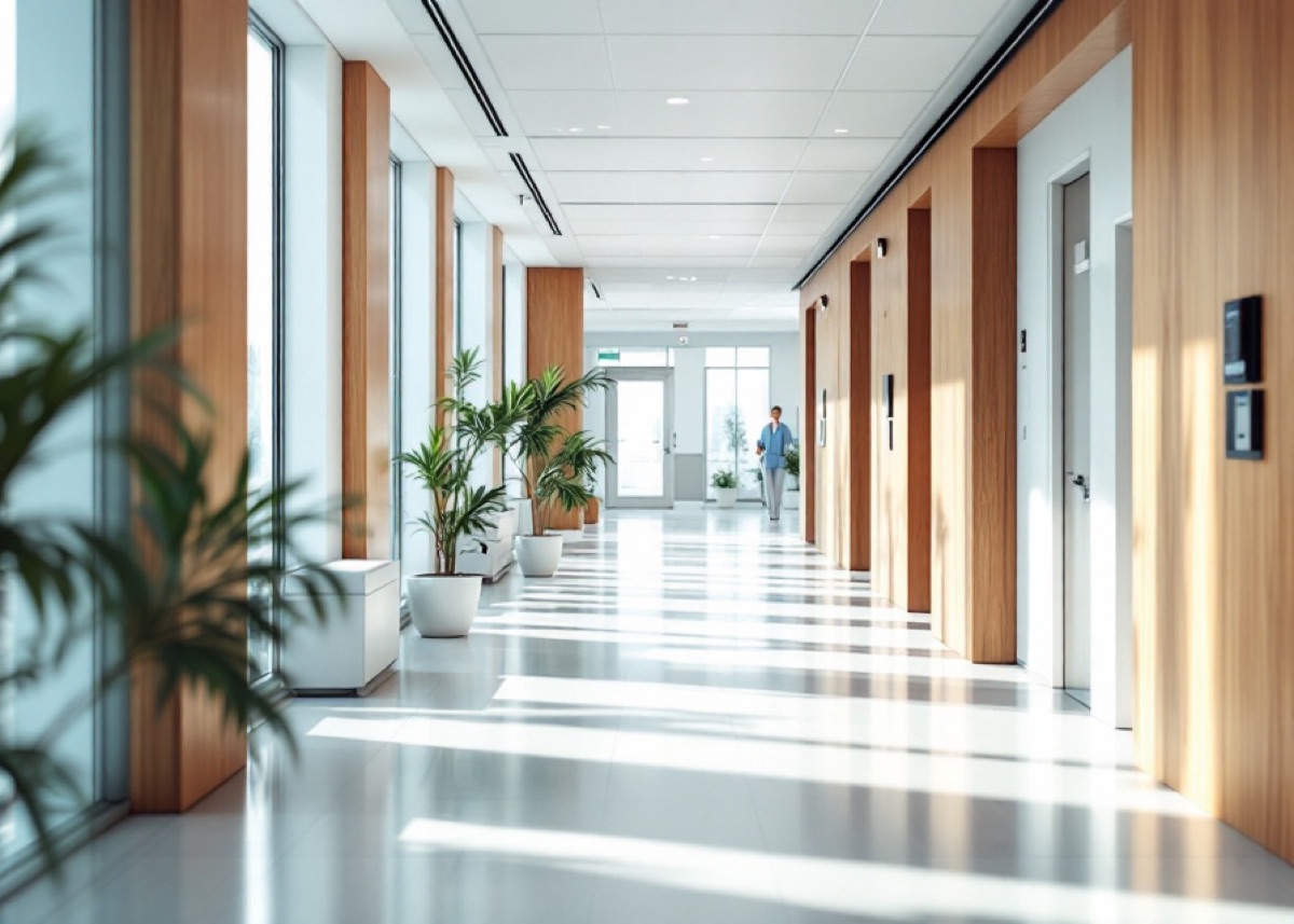 A calm, modern hospital corridor in daylight