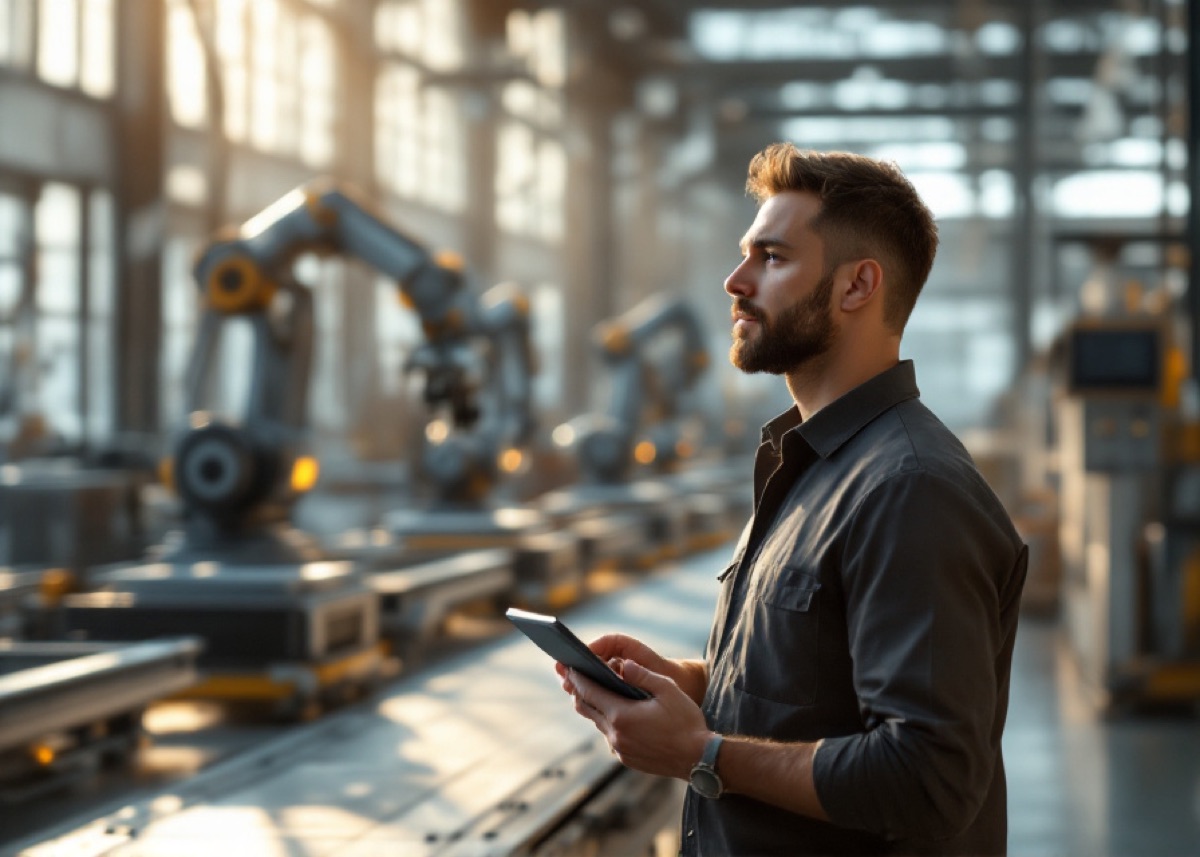 An engineer overseeing an automated factory floor
