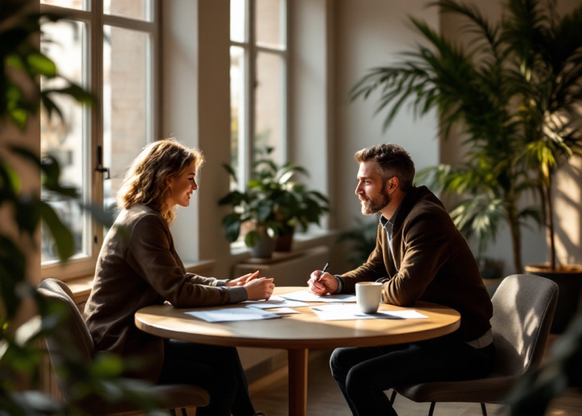 An advisory conversation at a table in a bright office