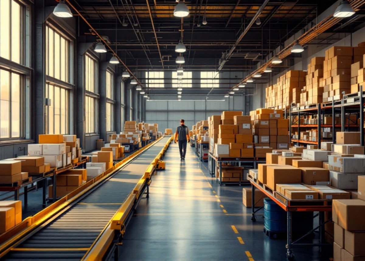 A parcel logistics hub with conveyor lines in warm light