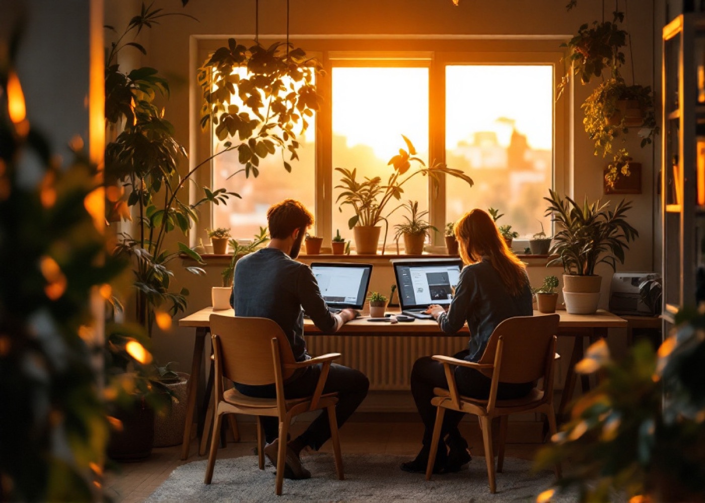Two people working at a shared desk in a small studio at golden hour