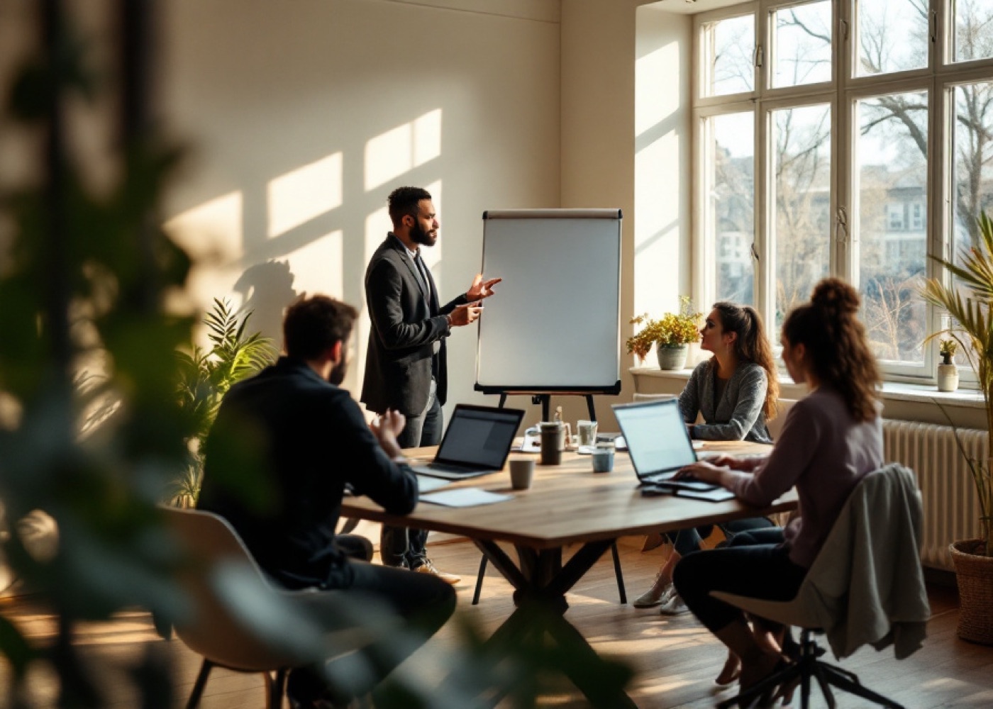 A small working session around a table, one person at a whiteboard